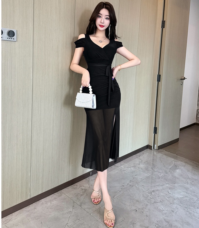 Sexy long slit short sleeve gauze V-neck dress