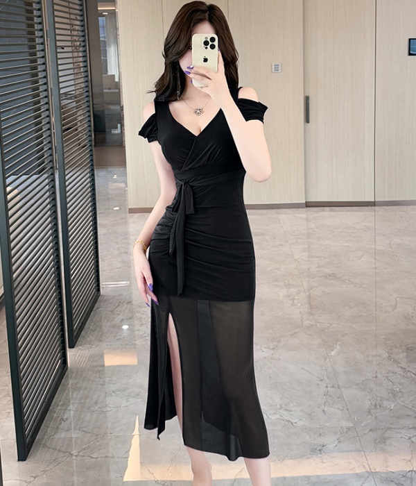 Sexy long slit short sleeve gauze V-neck dress