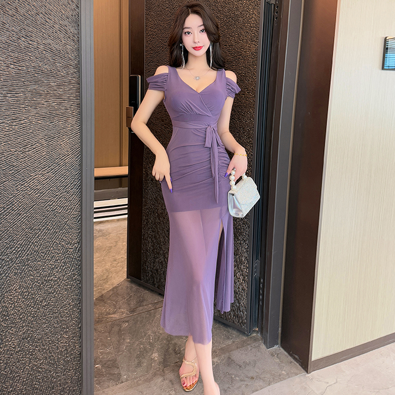 Sexy long slit short sleeve gauze V-neck dress