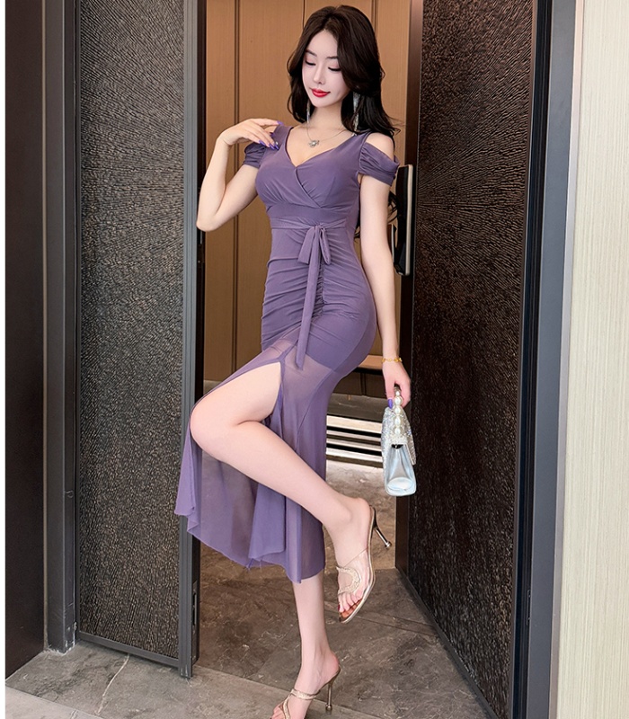 Sexy long slit short sleeve gauze V-neck dress