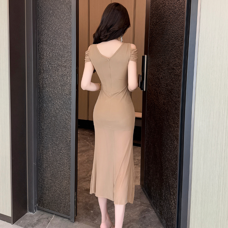 Sexy long slit short sleeve gauze V-neck dress