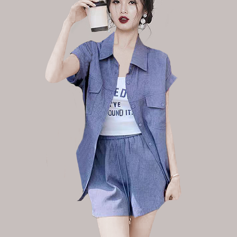 Summer shirt short sleeve shorts 3pcs set for women