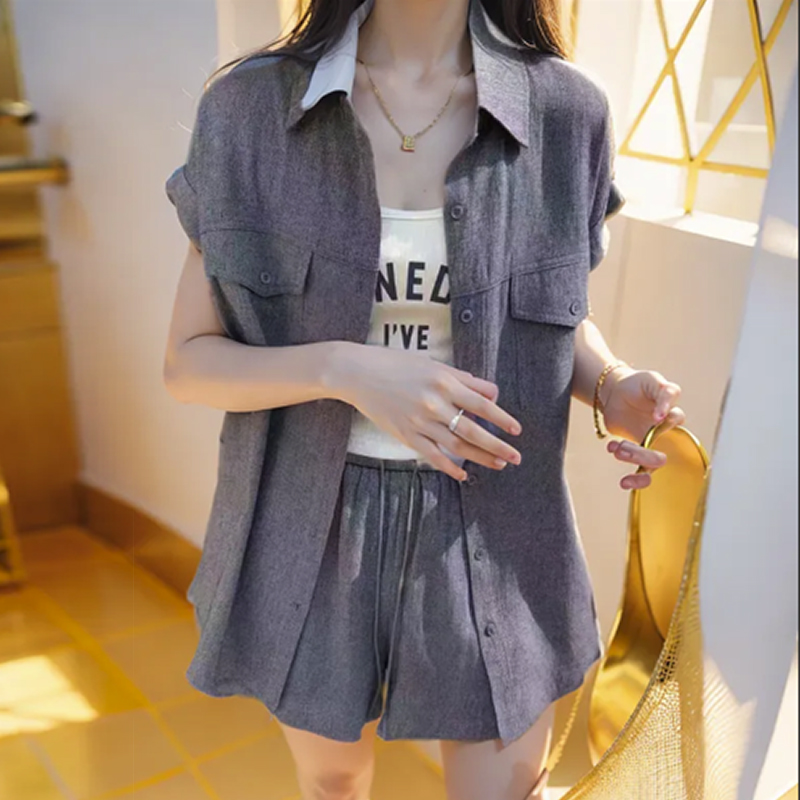 Summer shirt short sleeve shorts 3pcs set for women