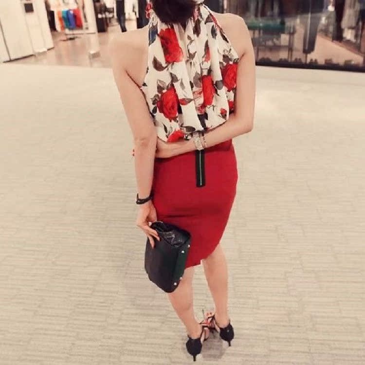 All-match printing strapless tops halter Korean style vest