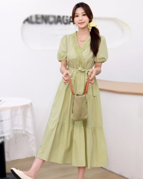 Puff sleeve summer long dress lotus leaf edges dress