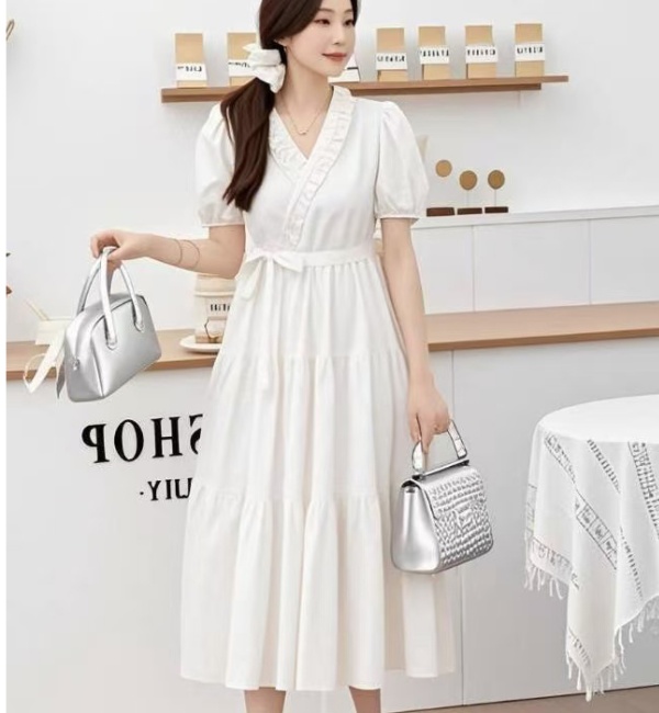 Puff sleeve summer long dress lotus leaf edges dress