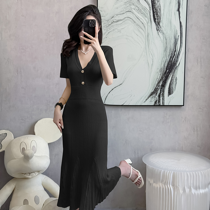 Hollow slim ladies sweater dress knitted V-neck dress