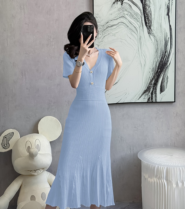 Hollow slim ladies sweater dress knitted V-neck dress