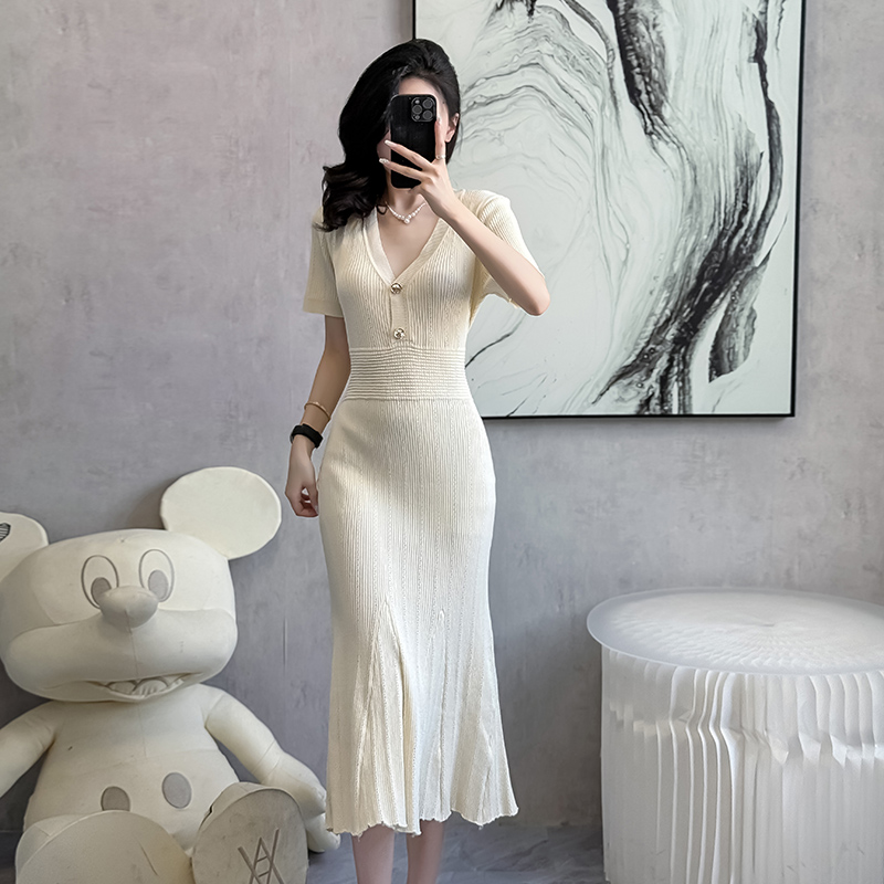 Hollow slim ladies sweater dress knitted V-neck dress