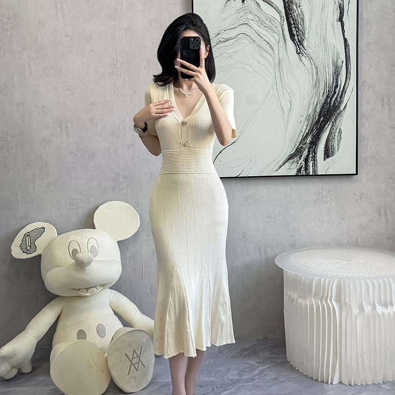 Hollow slim ladies sweater dress knitted V-neck dress