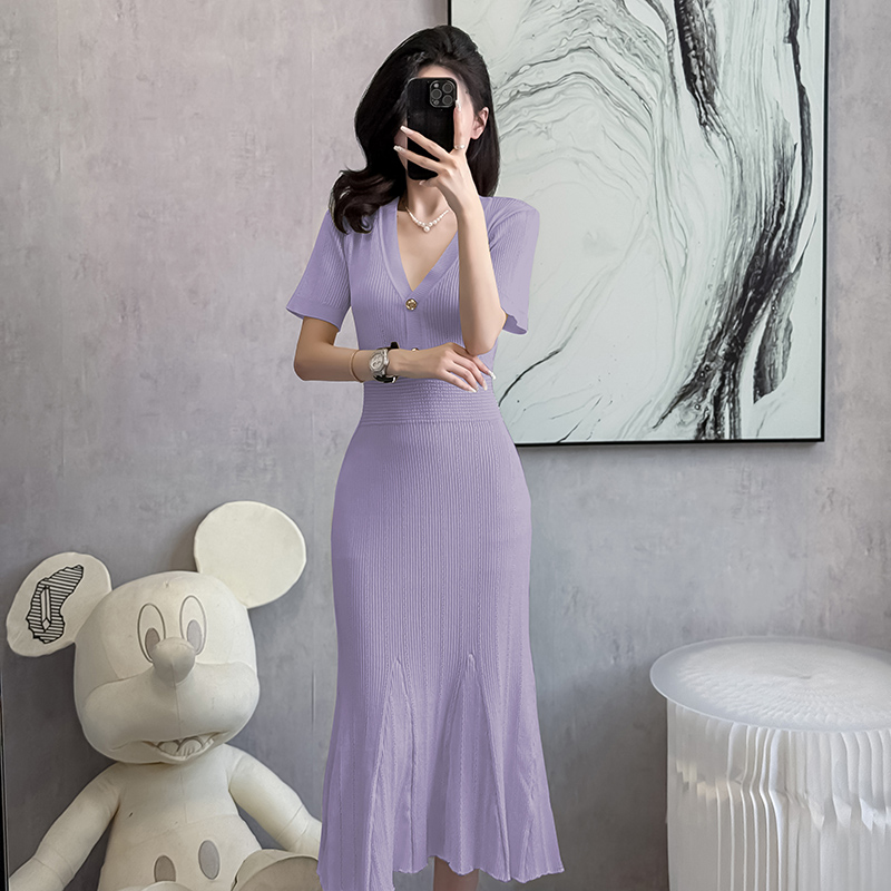 Hollow slim ladies sweater dress knitted V-neck dress