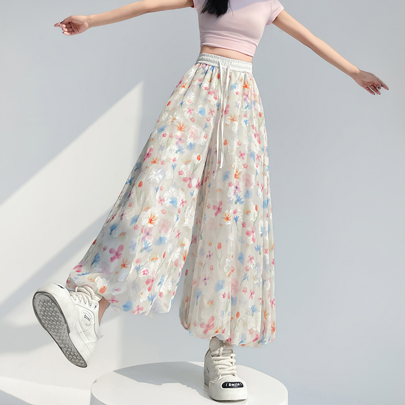 Casual lantern wide leg pants bud ice silk culottes for women