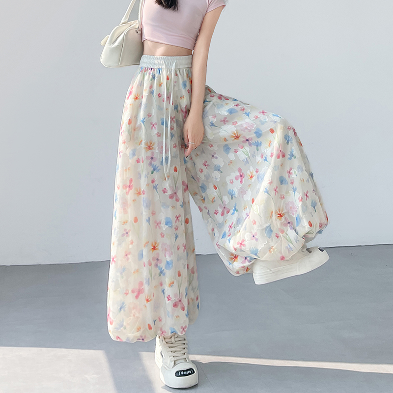 Casual lantern wide leg pants bud ice silk culottes for women