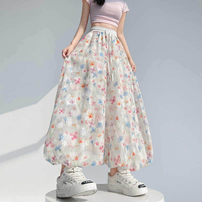 Casual lantern wide leg pants bud ice silk culottes for women