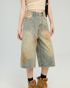 Loose denim wide leg tie dye ink splashes Casual short jeans