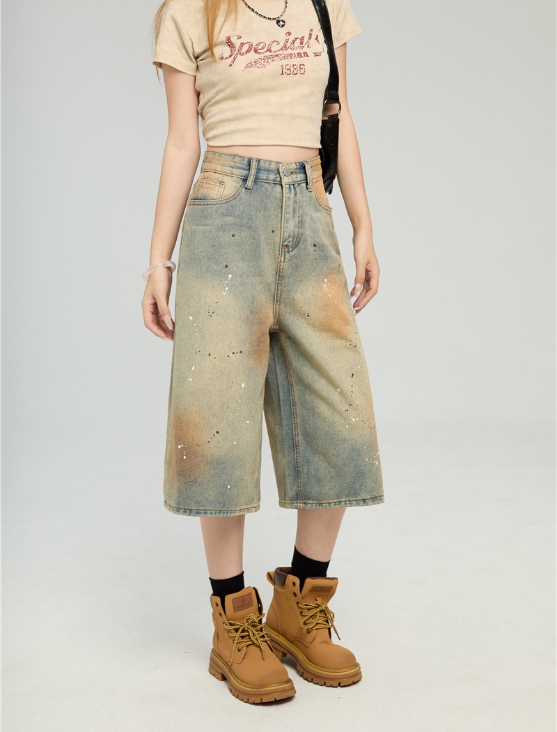 Loose denim wide leg tie dye ink splashes Casual short jeans