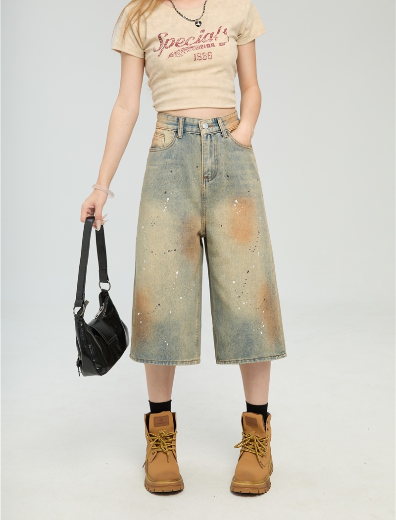 Loose denim wide leg tie dye ink splashes Casual short jeans