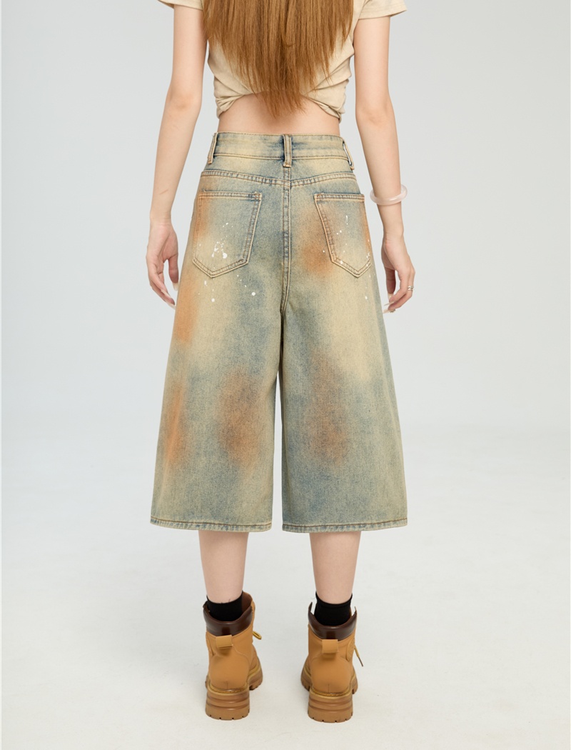 Loose denim wide leg tie dye ink splashes Casual short jeans