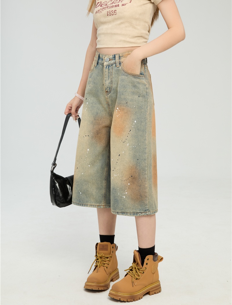 Loose denim wide leg tie dye ink splashes Casual short jeans