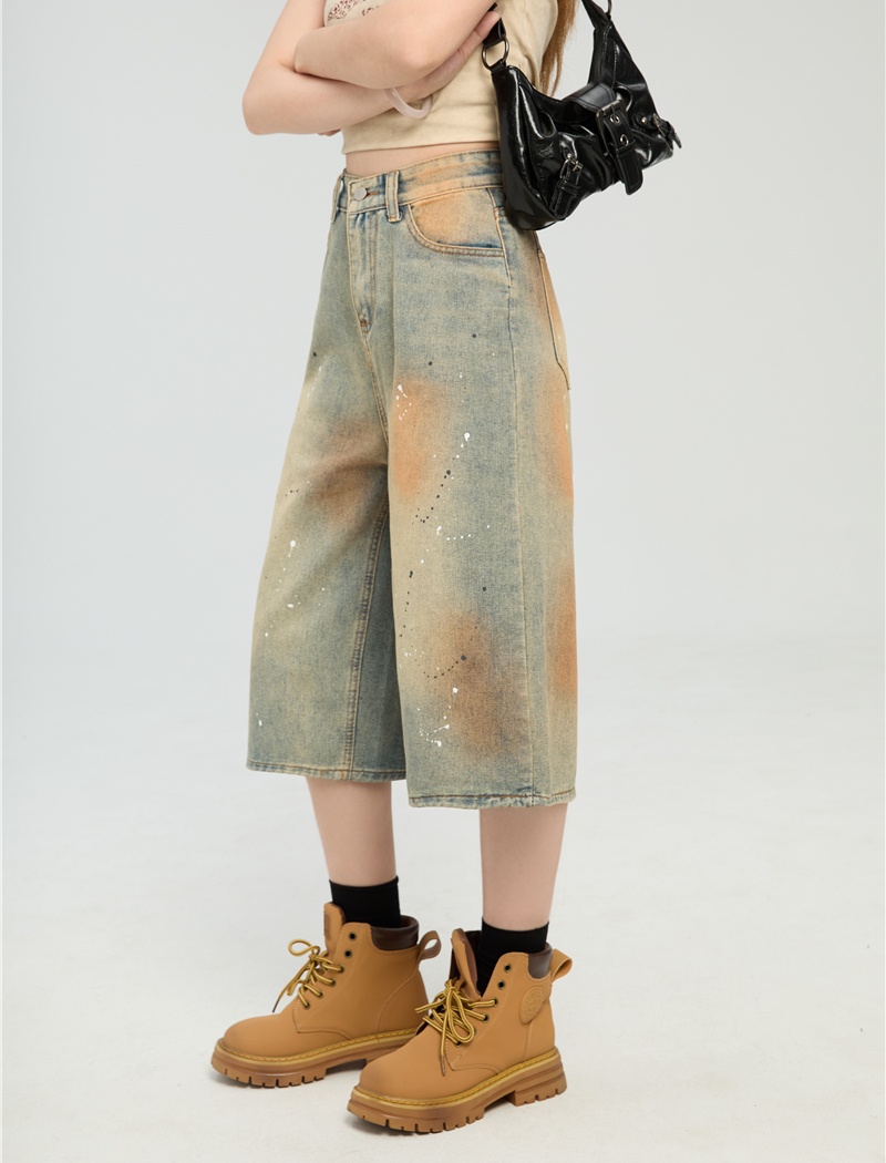 Loose denim wide leg tie dye ink splashes Casual short jeans