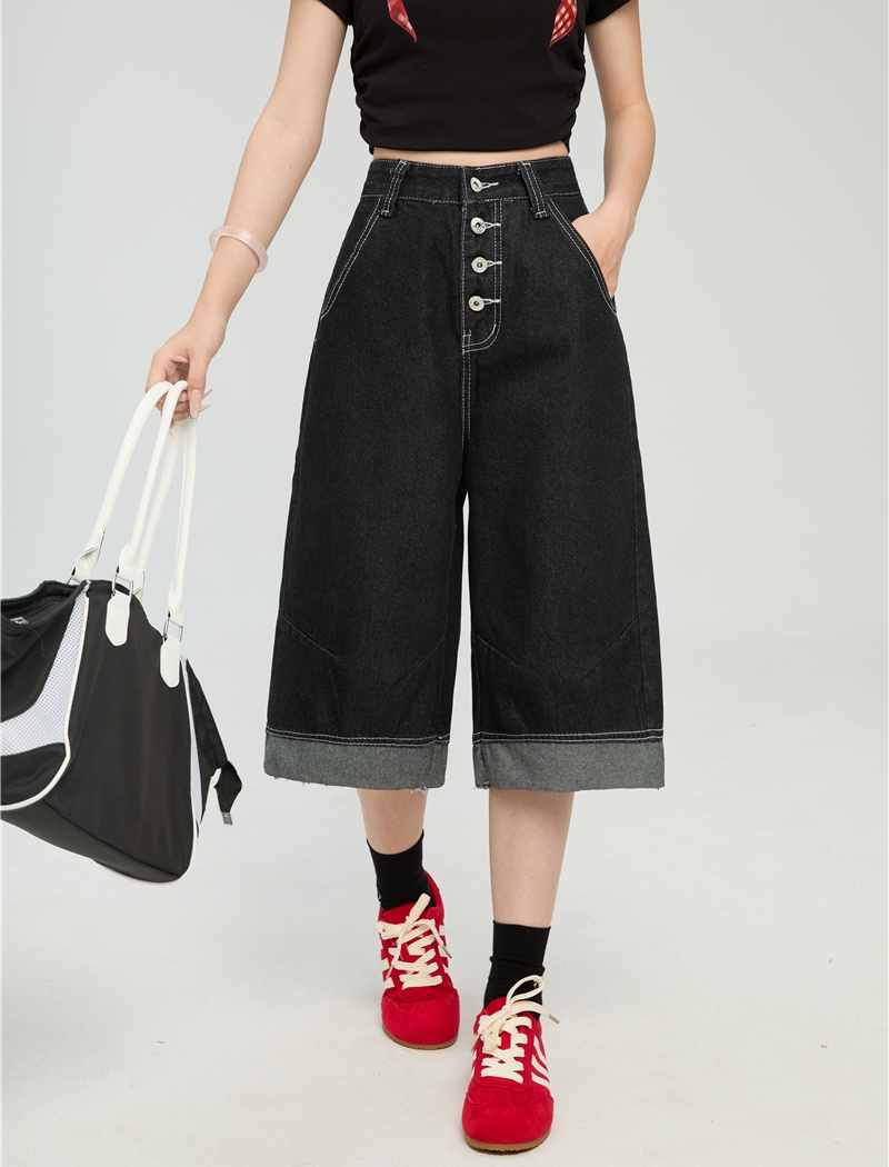 Street spring wide leg pants denim cropped pants for women