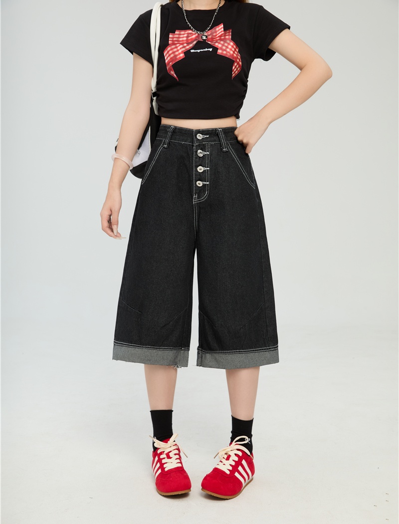 Street spring wide leg pants denim cropped pants for women