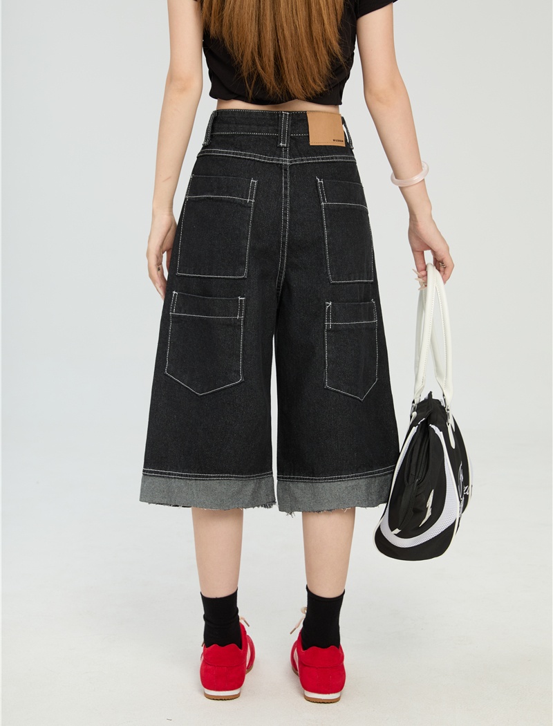 Street spring wide leg pants denim cropped pants for women