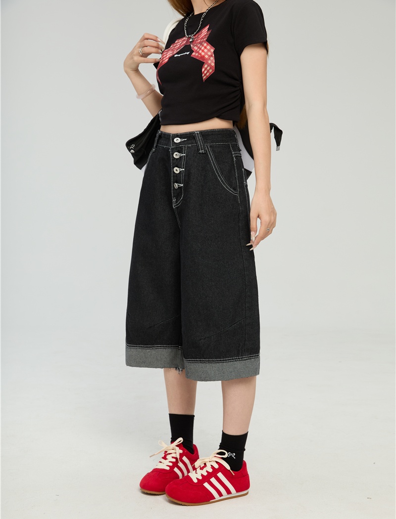 Street spring wide leg pants denim cropped pants for women