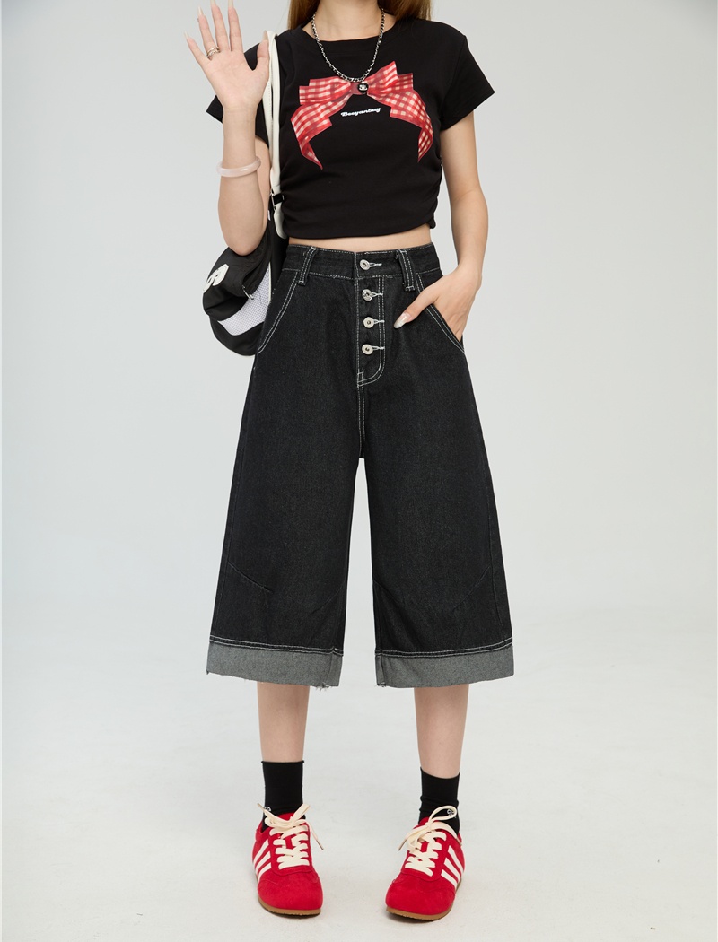Street spring wide leg pants denim cropped pants for women