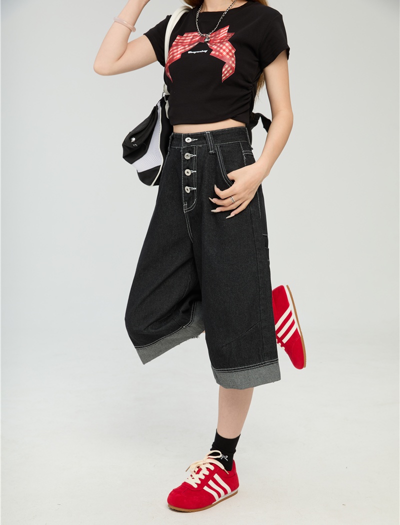 Street spring wide leg pants denim cropped pants for women