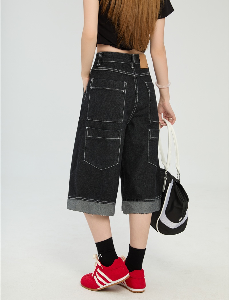Street spring wide leg pants denim cropped pants for women
