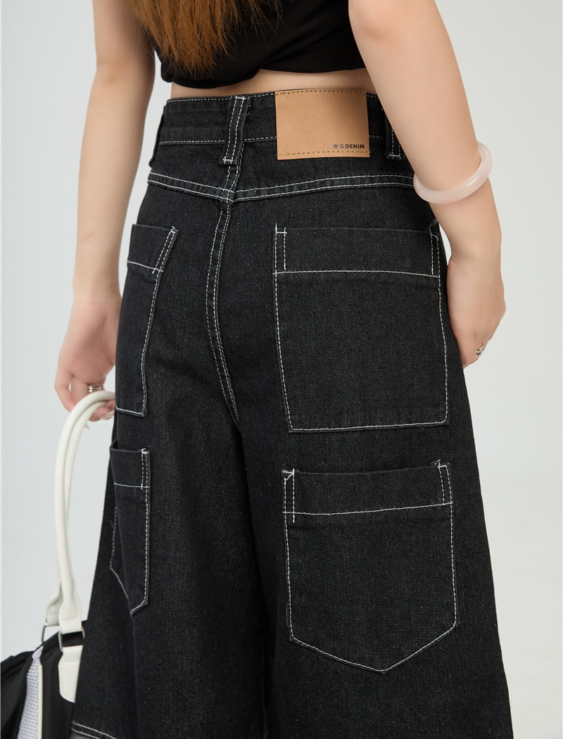 Street spring wide leg pants denim cropped pants for women