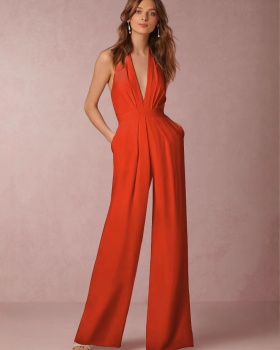 Pure V-neck elegant long halter jumpsuit