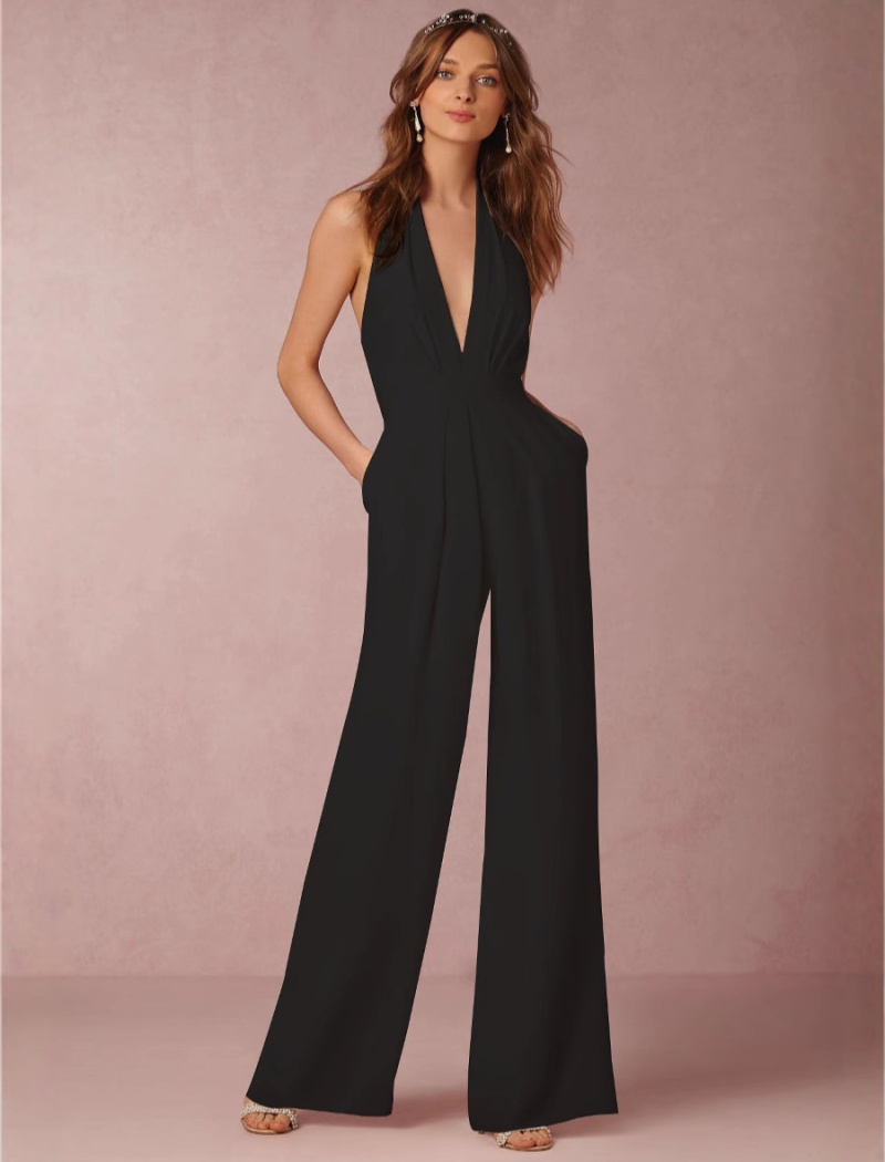 Pure V-neck elegant long halter jumpsuit