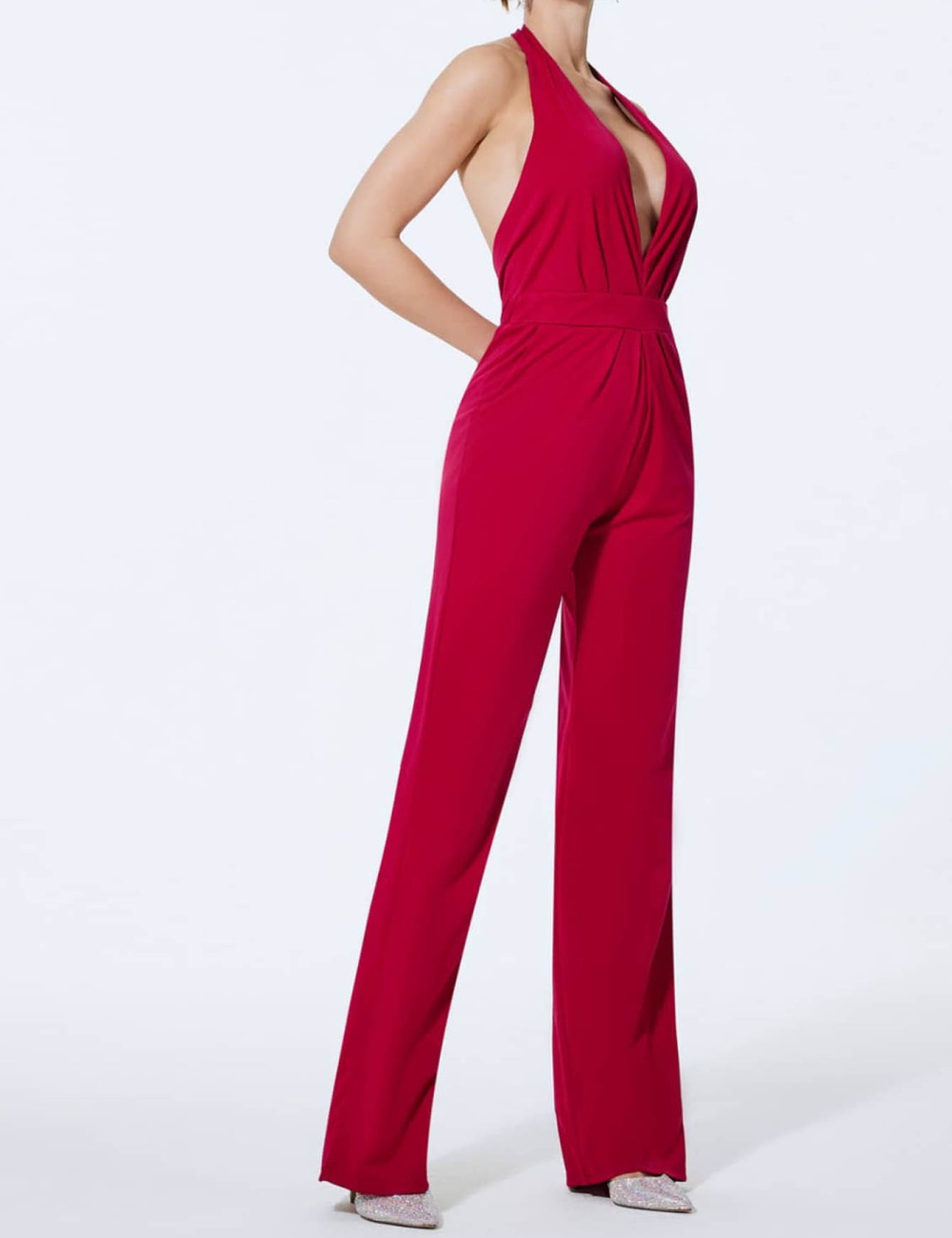 Pure V-neck elegant long halter jumpsuit