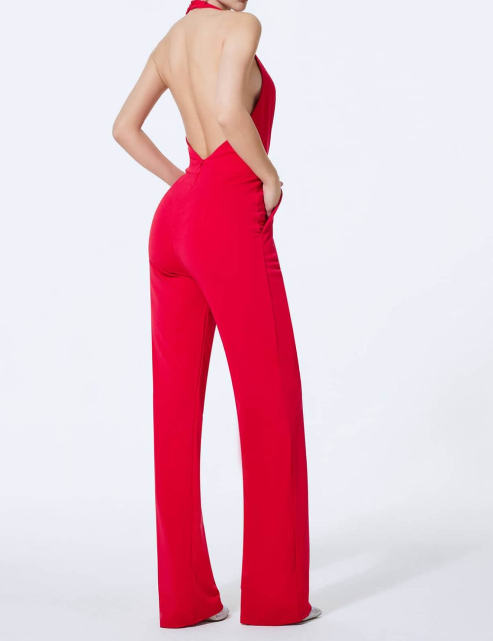 Pure V-neck elegant long halter jumpsuit