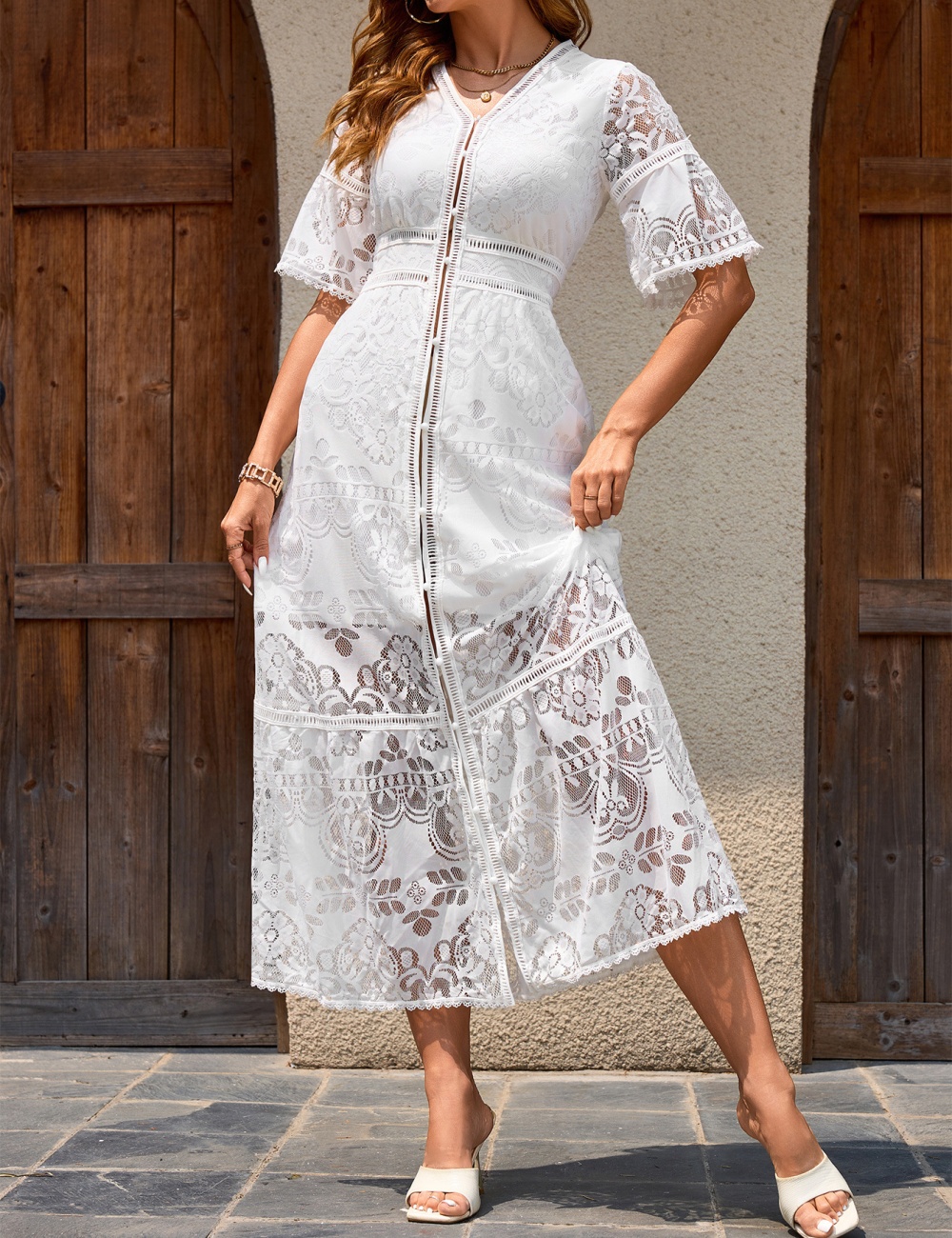 Pastoral style) slim pure lace European style dress