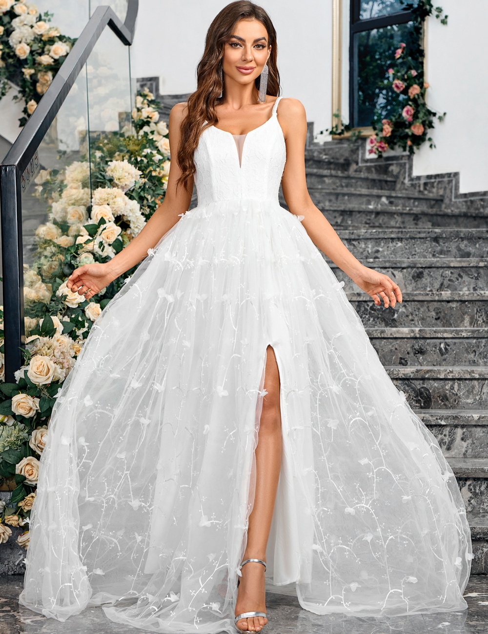 Temperament European style sling gauze evening dress
