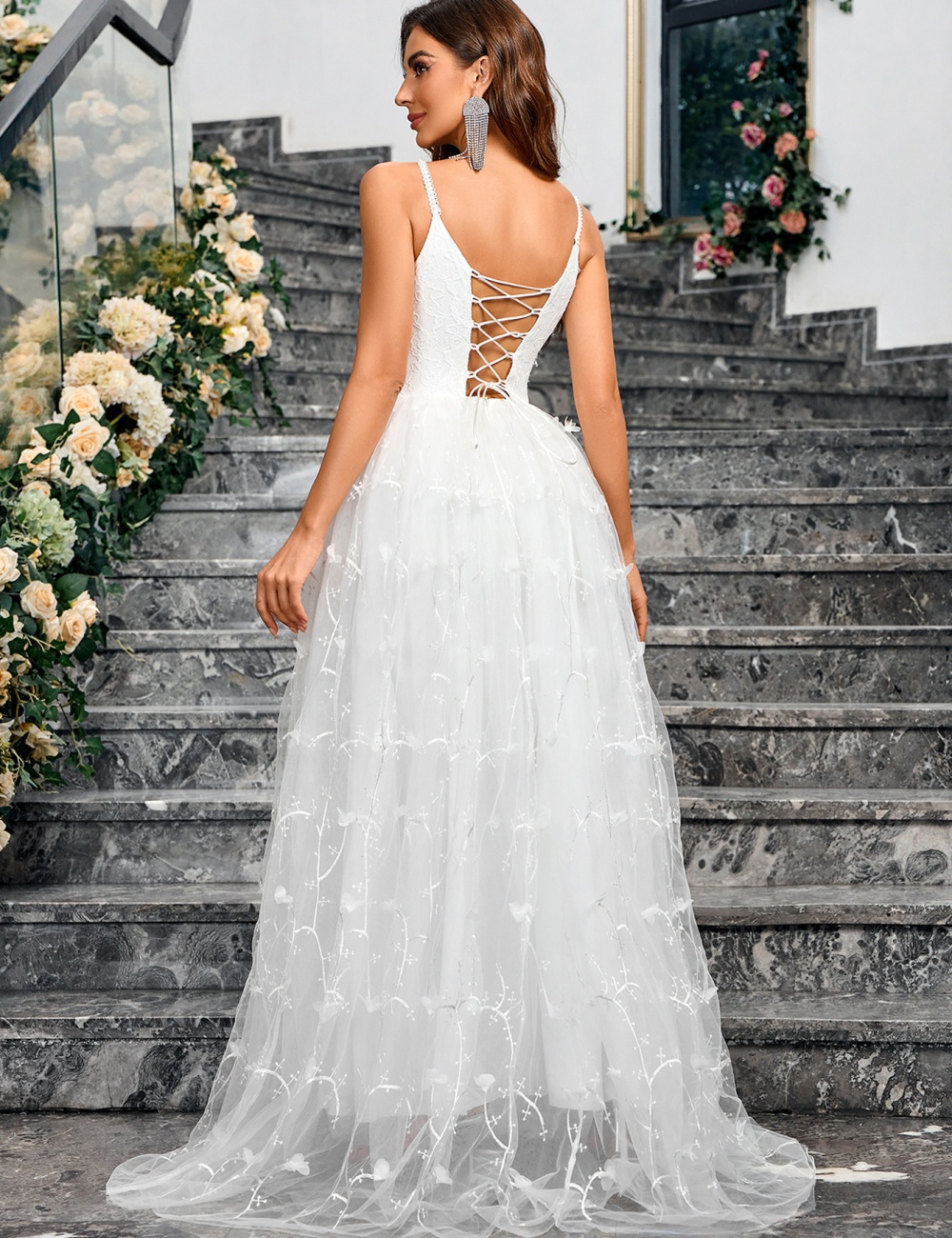 Temperament European style sling gauze evening dress