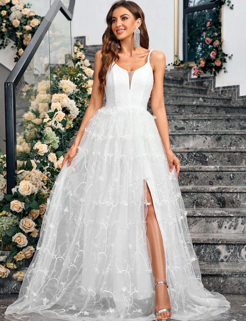 Temperament European style sling gauze evening dress