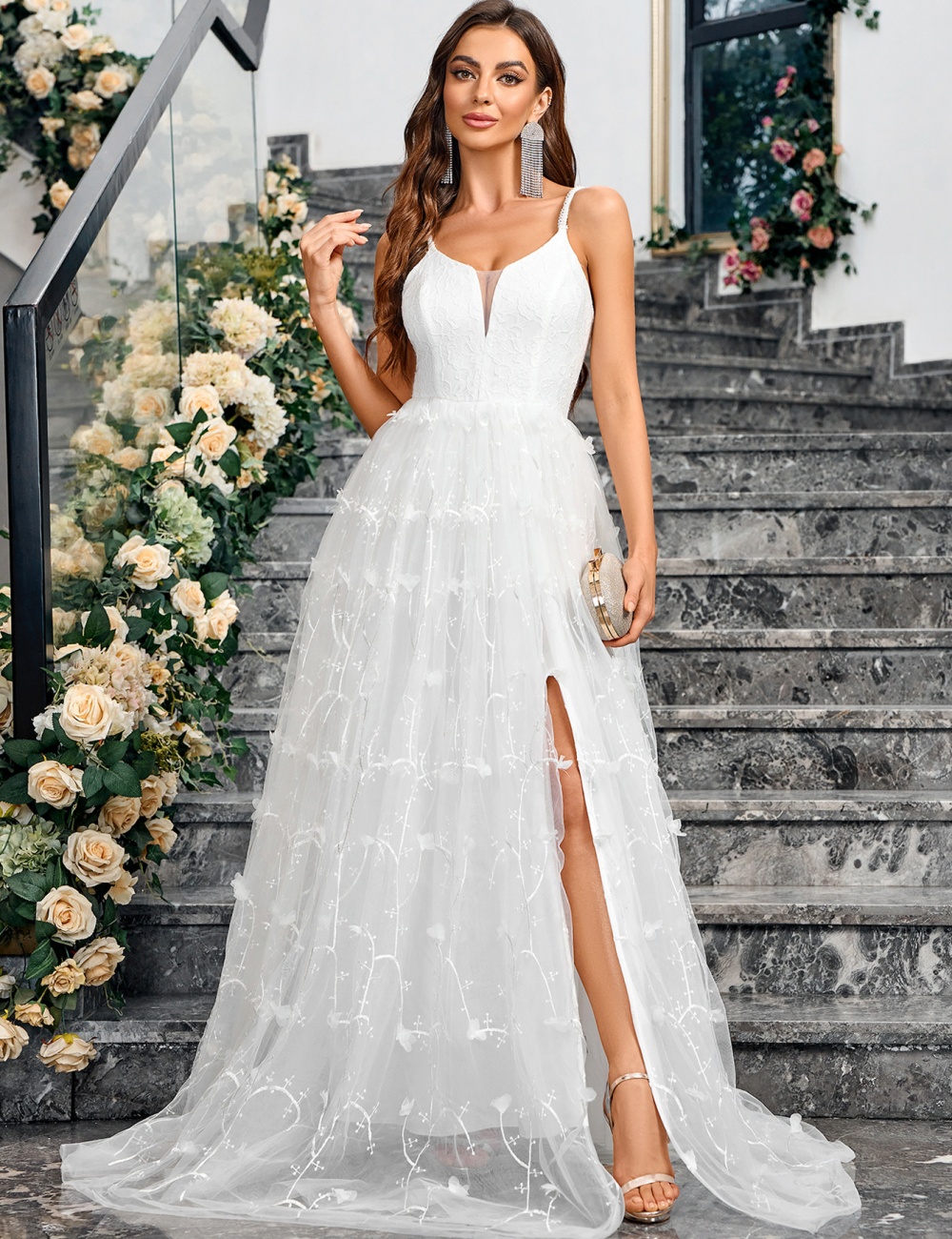 Temperament European style sling gauze evening dress