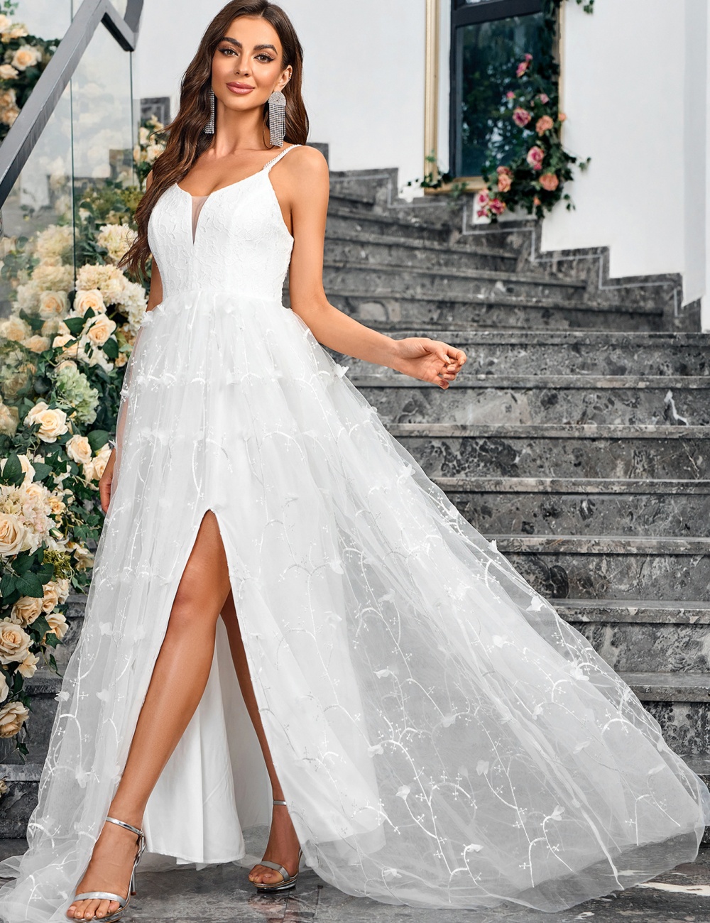 Temperament European style sling gauze evening dress