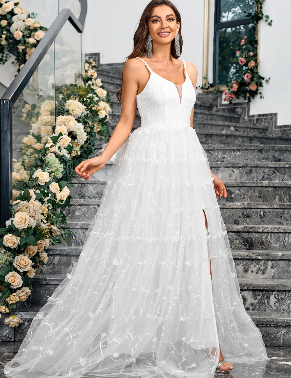 Temperament European style sling gauze evening dress