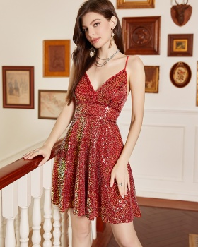 Sequins short V-neck sling dress for women
