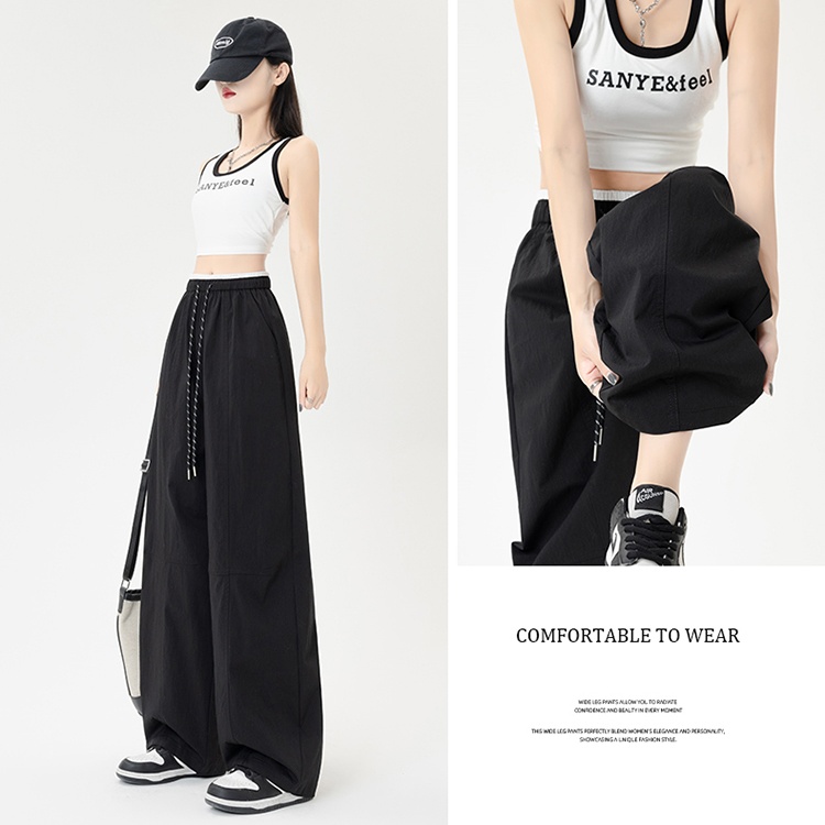 Wide leg all-match simple drawstring long pants for women