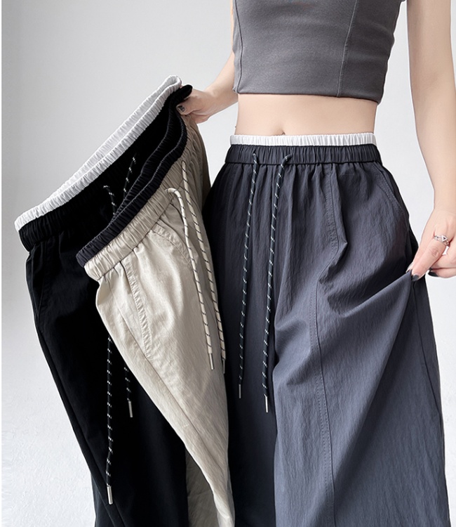 Wide leg all-match simple drawstring long pants for women