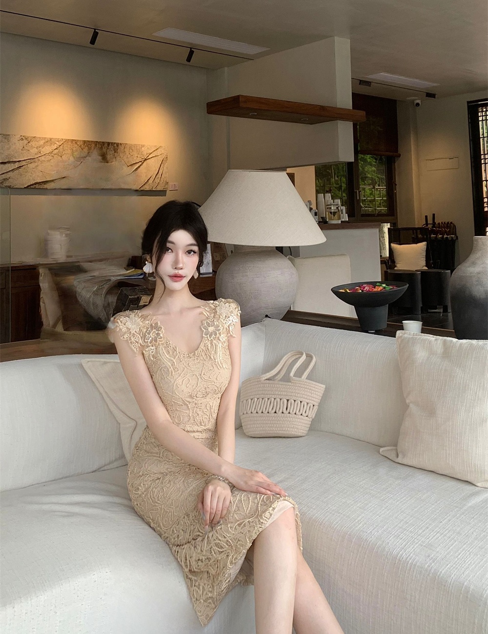 Summer sexy temperament lace slim rhinestone dress for women