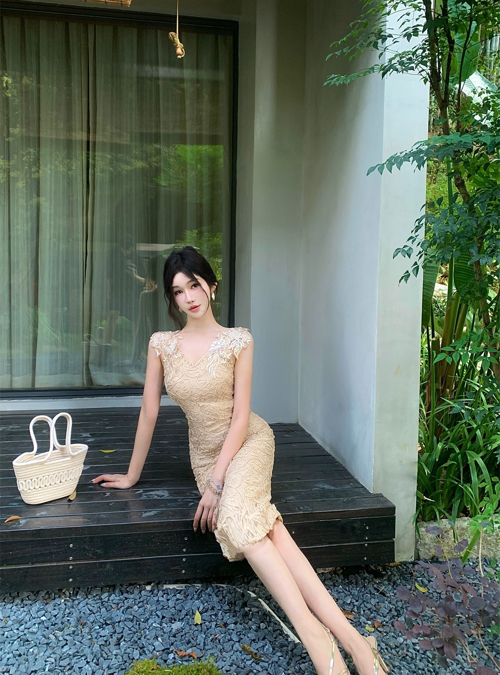 Summer sexy temperament lace slim rhinestone dress for women