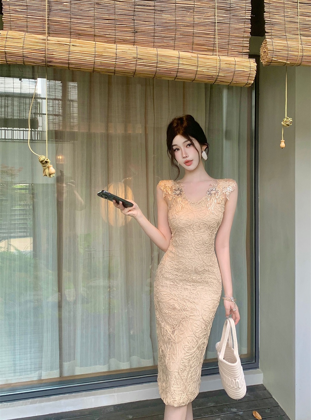 Summer sexy temperament lace slim rhinestone dress for women