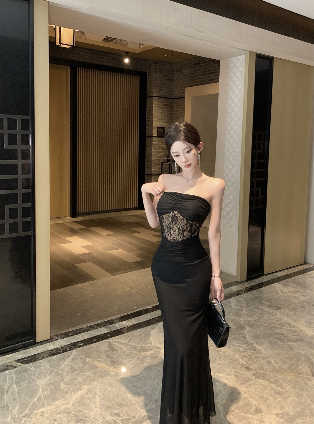 With chest pad dress wrapped chest long dress for women